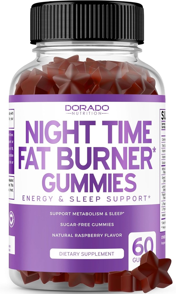 Night Time Fat Burner Gummies (60 Kont) Kilo Kaybı ve Metabolism - Sugar-Free - Delicious Raspberry Flavored Melatonin Supplement Gummies - Vegan Güvenli - Üçüncü Parti Test Edildi - ABD'de Yapıldı