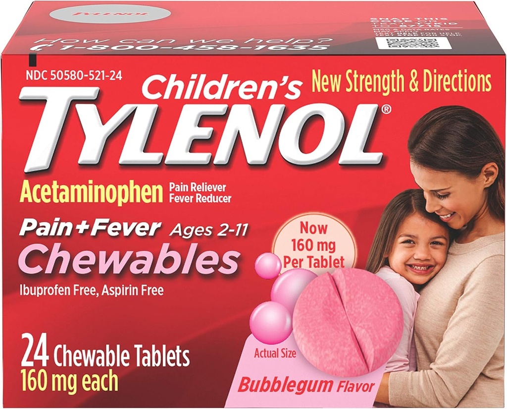 Çocuklar Tylenol Chewables, Acetaminophen for Pain & Fever Relief, Gum, 24 ct