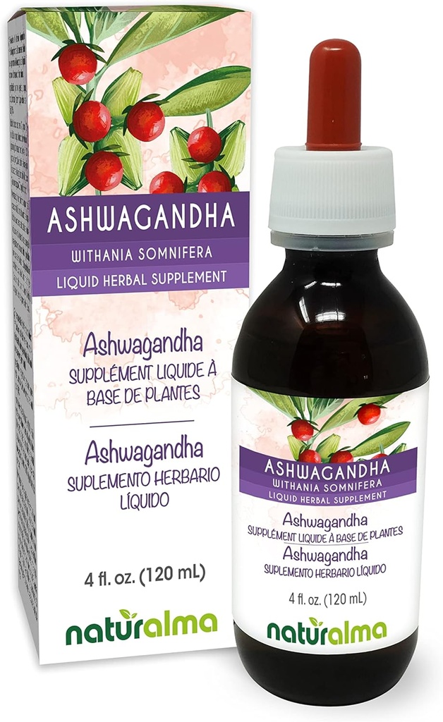 Naturalma Ashwagandha (Withania somnifera) Βάμμα χωρίς αλκοόλη - 4 fl oz εκχύλισμα υγρού σε σταγόνες - συμπλήρωμα βοτάνων - Vegan