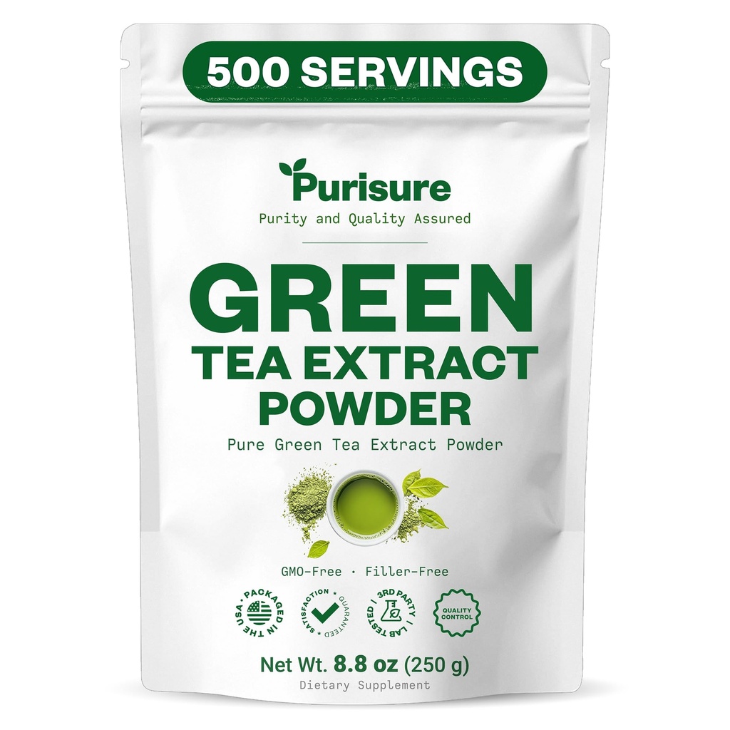 Purisure Green Tea Extract | Tozlu Tea from Premium Green Leaf | Unsweetened Vegan Tea for Latte & Smoothie Recipe | All- Natural Antioksi Green Tea Toz with EGCG & Polyfen