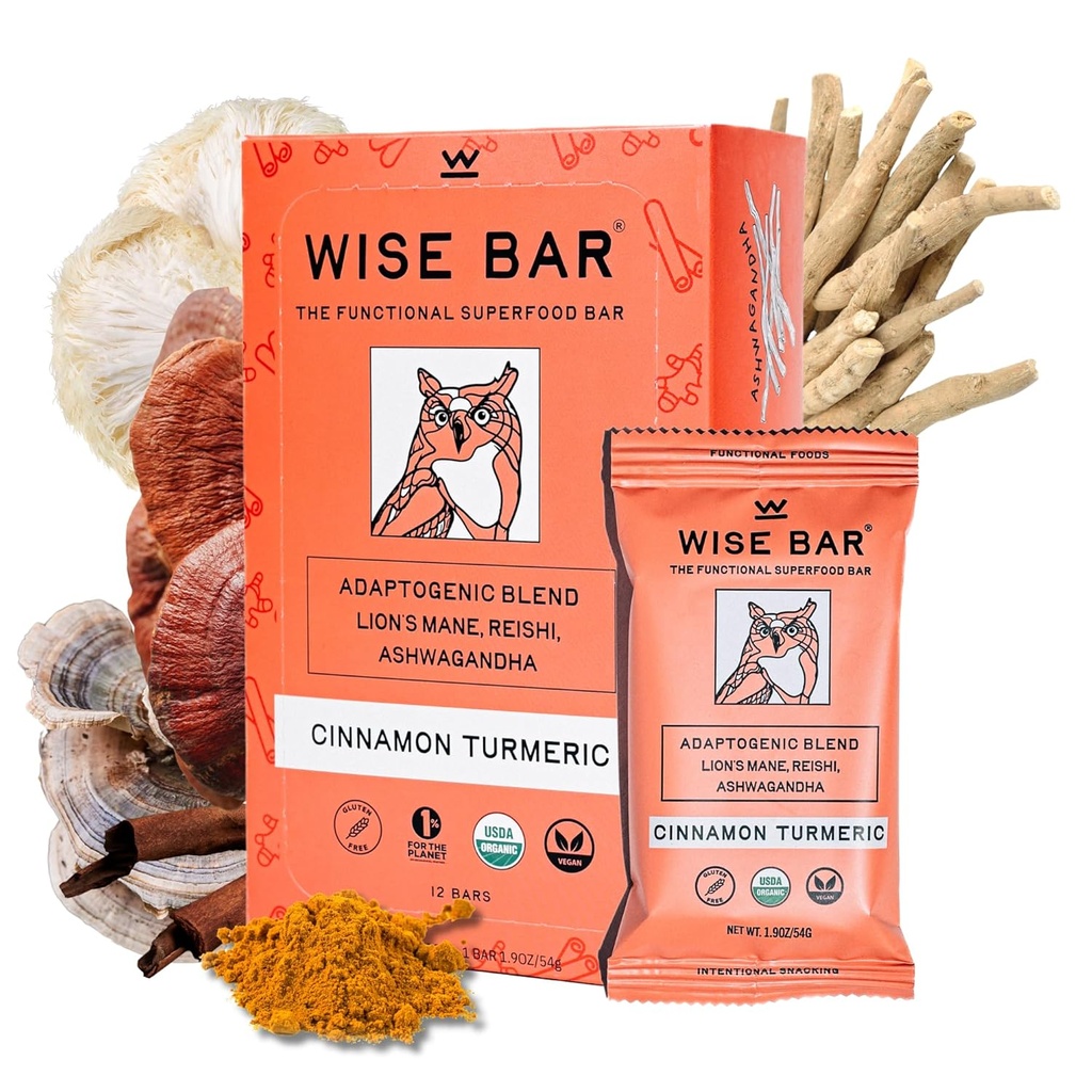 Reishi, Lions Mane & Ashwagandha, Organik Vegan & Gluten Free Snacks for Natural Focus, Energy & Immunity Support, Cinnamon Turmeric Flavor, 12 Count
