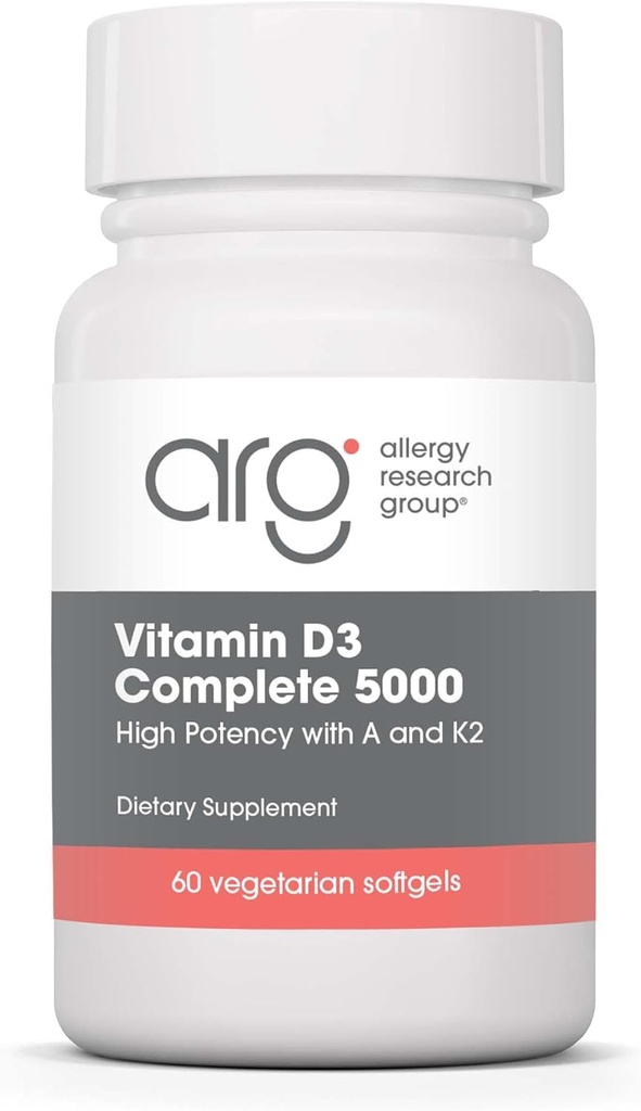 Alerji Araştırma Grubu Vitamin D3 5000 IU - Vitamin D3 ve K2 Supplement, Daily Balance, A, DeltaGold Tocotrienols, High Potency, Veggie Softgels - 60 Count