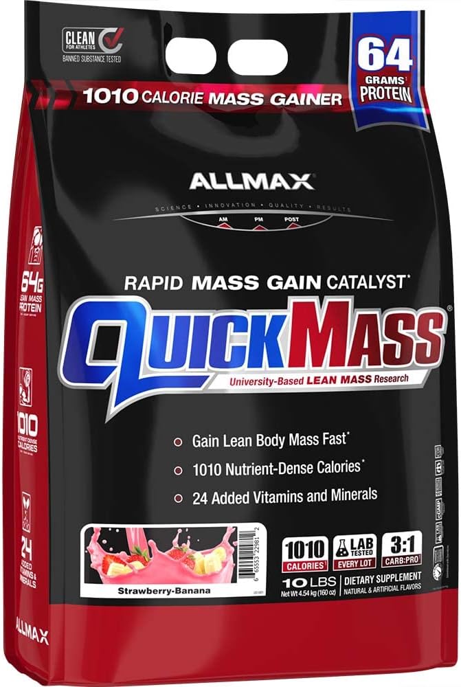 ALLMAX Beslenme QUICKMASS, Strawberry Banana - 10 lb - Hızlı Mass Lig Catalyst - Servis başına 64 gram - 3:1 Protein Oranı - Zero Trans Fat - 70'e kadar