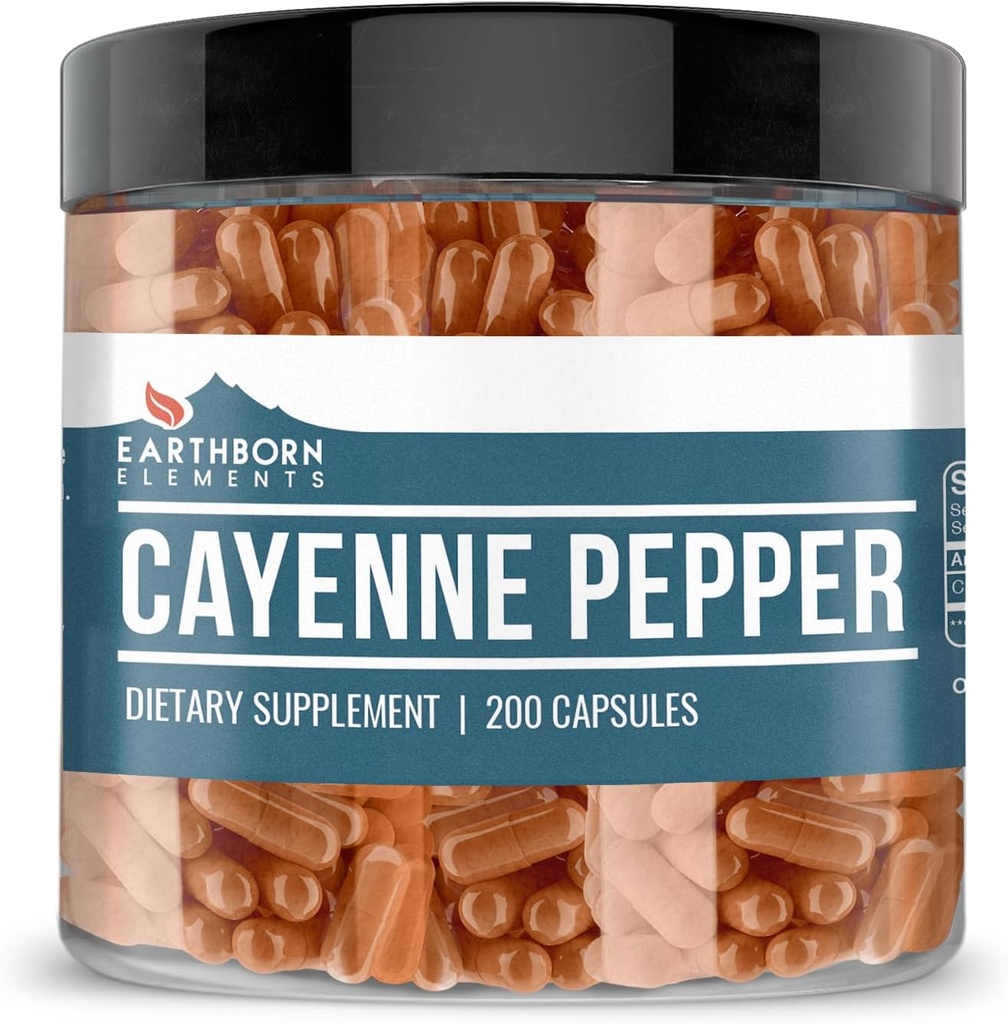Earthborn Elements Cayenne Pepper 200 Capsules, Pure & Undiled, No Wordss