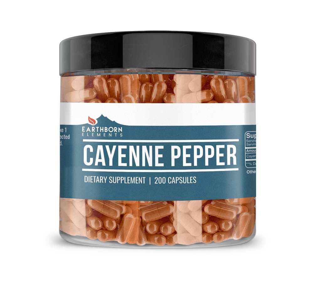 Earthborn Elements Cayenne Pepper 200 Capsules, Pure & Undiled, No Wordss