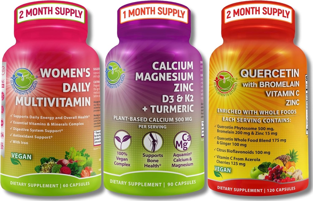 Plant-Based Immune, Bone & Energy Support Sche – Quercetin with Bromelain, L3, K2 & Turmeric + Women's Multivitamin with Iron & Organic Superfoods