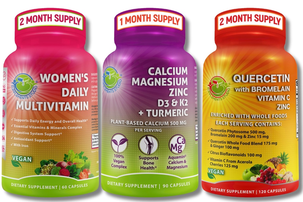 Plant-Based Immune, Bone & Energy Support Sche – Quercetin with Bromelain, L3, K2 & Turmeric + Women's Multivitamin with Iron & Organic Superfoods