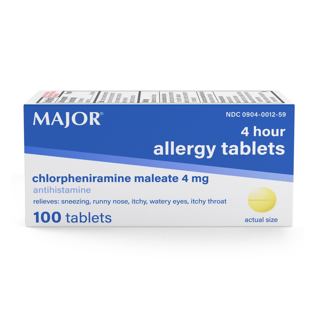 Major 4 Mg Allergy Tablets - Chlorpheniramine Maleate 4-Hour Allergy Medicine - Antihistamine for Relief of Sneezing, Itchy Watery Eyes, Itchy Throat, and Runny Nose - 100 Count (1 Pack)