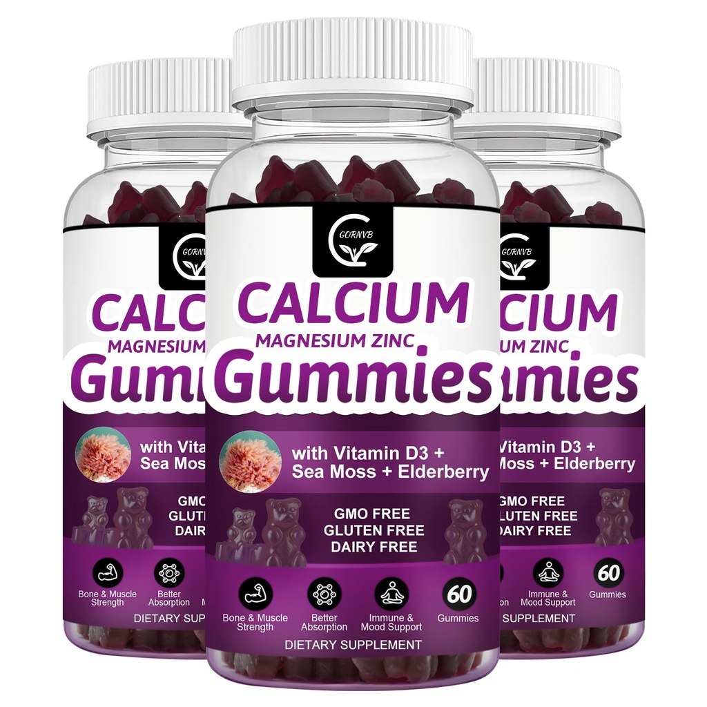 Ασβέστιο Μαγνήσιο Ψευδάργυρος Gummies με Υψηλή Απορρόφηση Μαγνήσιο Γλυκινικό Κάλιο - Σύμπλεγμα φυτών Ασβέστιο Μαγνήσιο 2:1 Ratio, με D3 Θαλασσινό Moss για τα οστά, τους μύες, ανοσοποιητικό & υποστήριξη ύπνου, Vegan-3 Pack