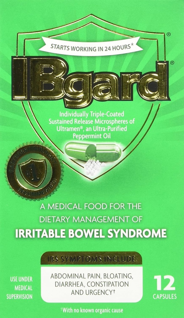 IBgard for Irritable Bowel Sendromu (IBS) Relief Bloating Gas 12 Capsules Small Box 90 mg Ultra Purified Peppermint Oil Good for First Timers