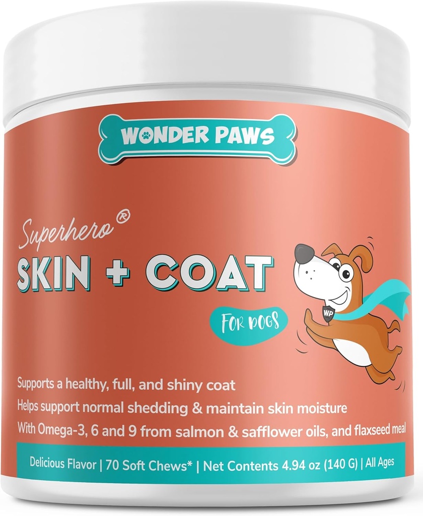 Wonder Paws Skin & Coat Supplement for Dogs with Salmon Oil, Omega 3 & 6, EPA & DHA, Προωθεί το υγιές δέρμα και το παλτό, Ichy Relief, Κοινή και Γενική Υγεία, Νοστιμότατο Γεύση, 70 δέρμα & παλτό Μαλακές Μασούσες
