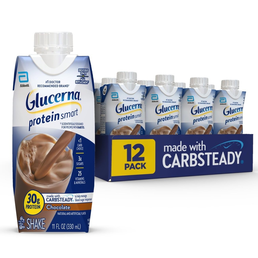 Glucerna Protein Smart Diabetes Care Shake, Chocolate, Diabetic Meal Replacement to Support Blood Sugar Management, 30g Protein, 150 Calories, Ready to Drink, 11-fl-oz Bottle, 12 Pack