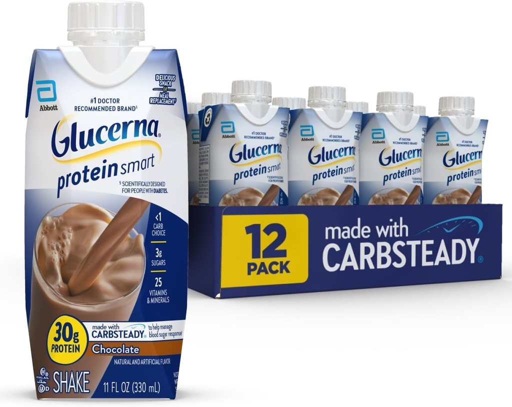 Glucerna protein Smart Diyabet Care Shake, Chocolate, Diabetic Meal Change to Support Blood Sugar Management, 30g Protein, 150 Calories, içmeye hazır, 11-fl-oz Şişe, 12 Pack