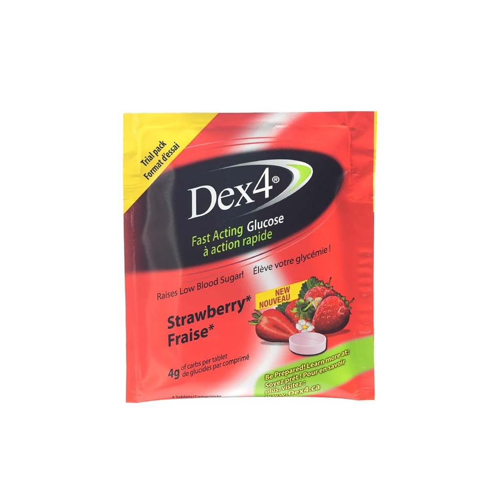 Dex4 δισκία γλυκόζης, φράουλα, 48 μεμονωμένες συσκευασίες τσέπης που περιέχουν 4 δισκία, κάθε δισκίο περιέχει 4g υδατανθράκων
