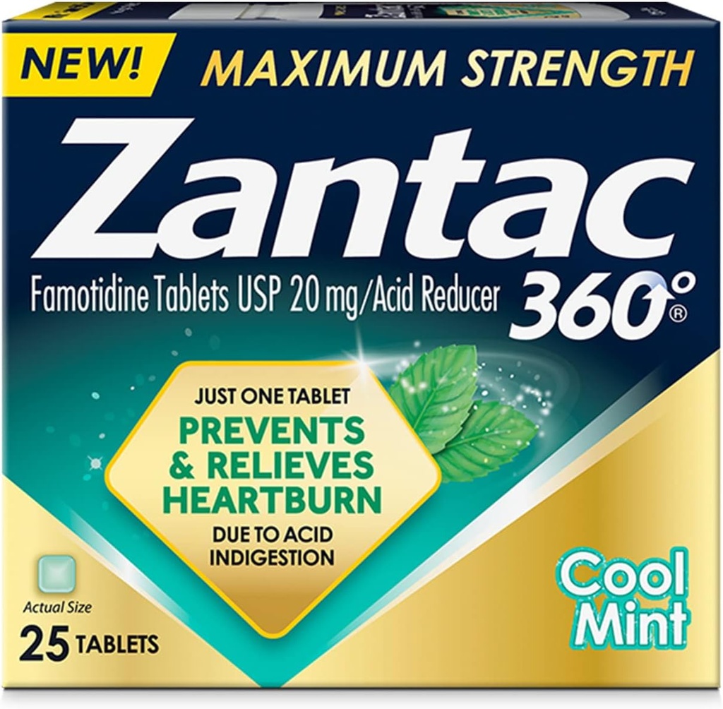 Zantac 360 Μέγιστη δύναμη, δροσερή μέντας, 25 Count, Heartburn Prevention & Relief, 20 mg δισκία