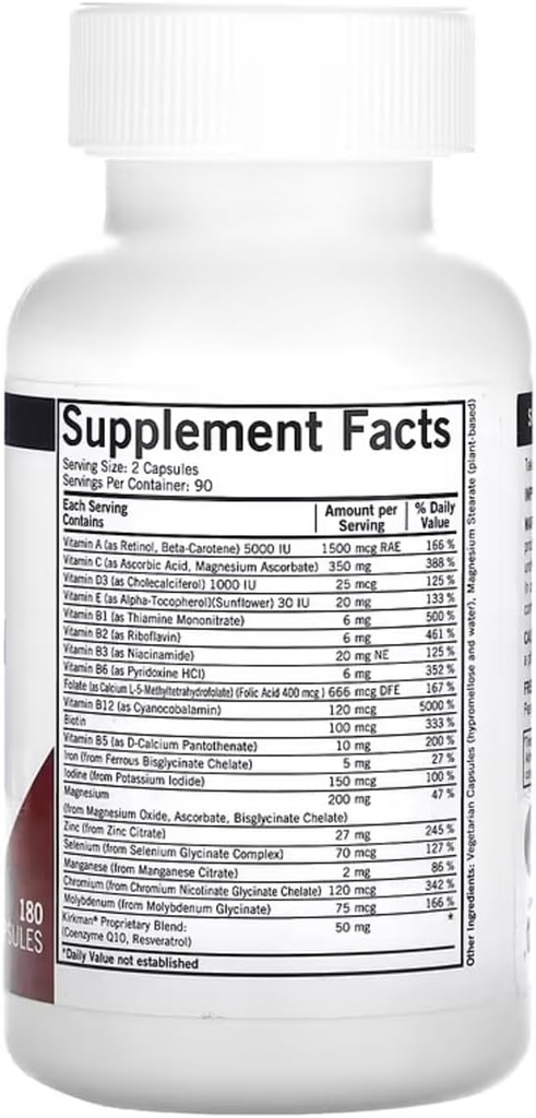 Kirkman - Advanced Adult Multivitamin & Mineral με 5-MTHF - 180 κάψουλες - Potent Broad Spectrum Vitamin / Mineral Supplement - Υποστηρίζει Κυτταρικό Κύκλο - Hypoallergenic