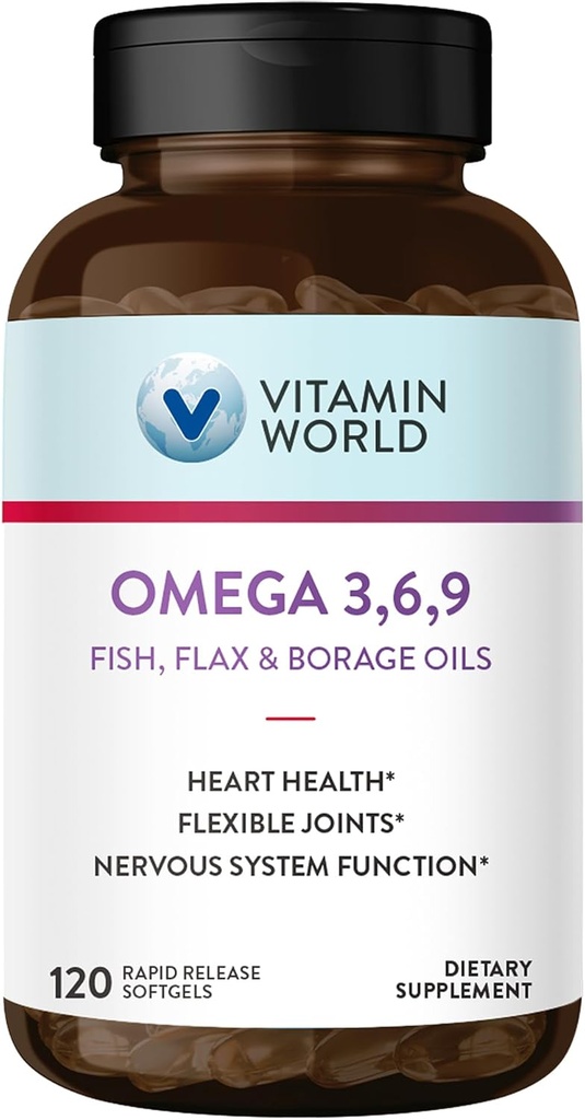 World Triple Omega 3-6-9 3000 mg with Fish, Flax, Borage & Evening Primrose Oils, Omega-3 Fatty Acids with EPA & DHA, Supports Heart, Brain & Immune Health, Gluten Free, 120 Softgels