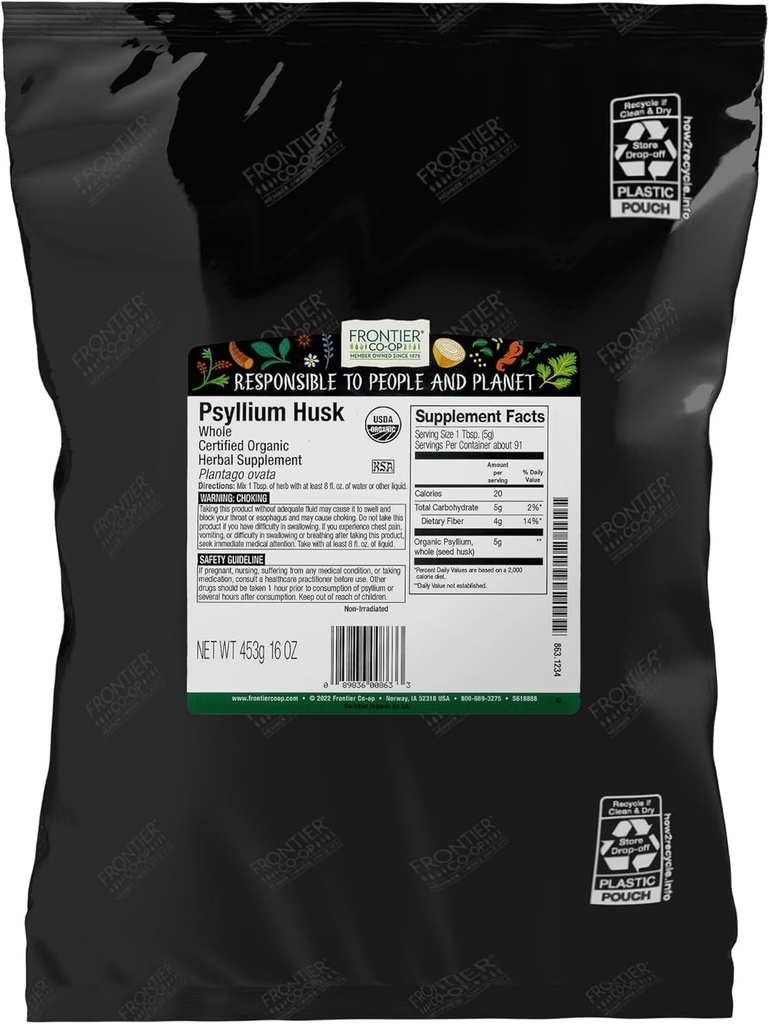 Frontier Co-op Organik Psyllium Husk 1lb - Tüm Psyllium Husk, Organik & Kosher - Beslenme için Psikiyatrik Fiber, Digestion için Psikiyatrik Tamam, Psyllium Husk Toz Bulk