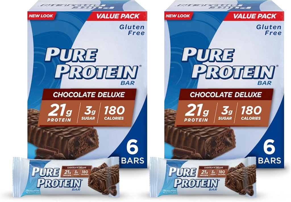Pure protein Bars, Yüksek Protein, Nutritious Snacks to Support Energy, Low Sugar, Gluten Free, Chocolate Deluxe, 6 Count (Pack of 2)