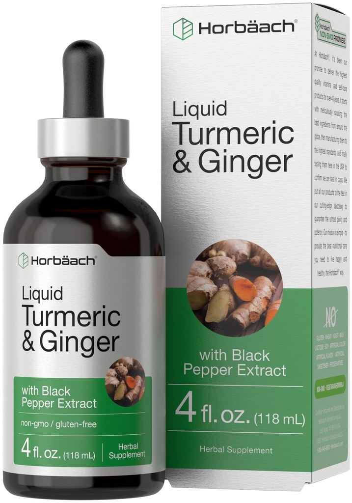 Horbaach Turmeric ve Ginger Supplement Drops | 4 fl oz | Black Pepper Extract | Herbal Liquid Tincture | Vegan, Non-GMO & Gluten Free