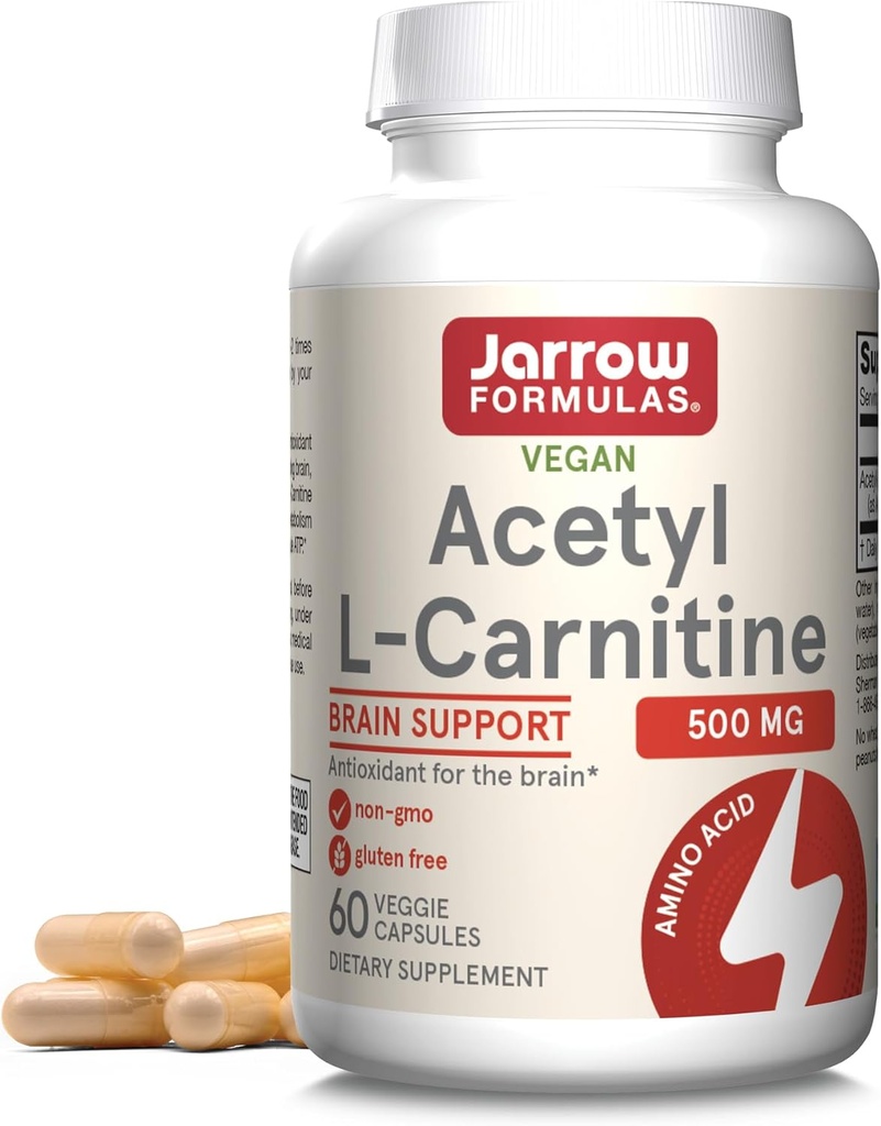 Jarrow Formulas Acetyl L-Carnitine Capsules - 500 mg - 60 Count - For Brain Health & Fatty Acid Metabolism - Sebze Capsules - Non-GMO - Gluten Free