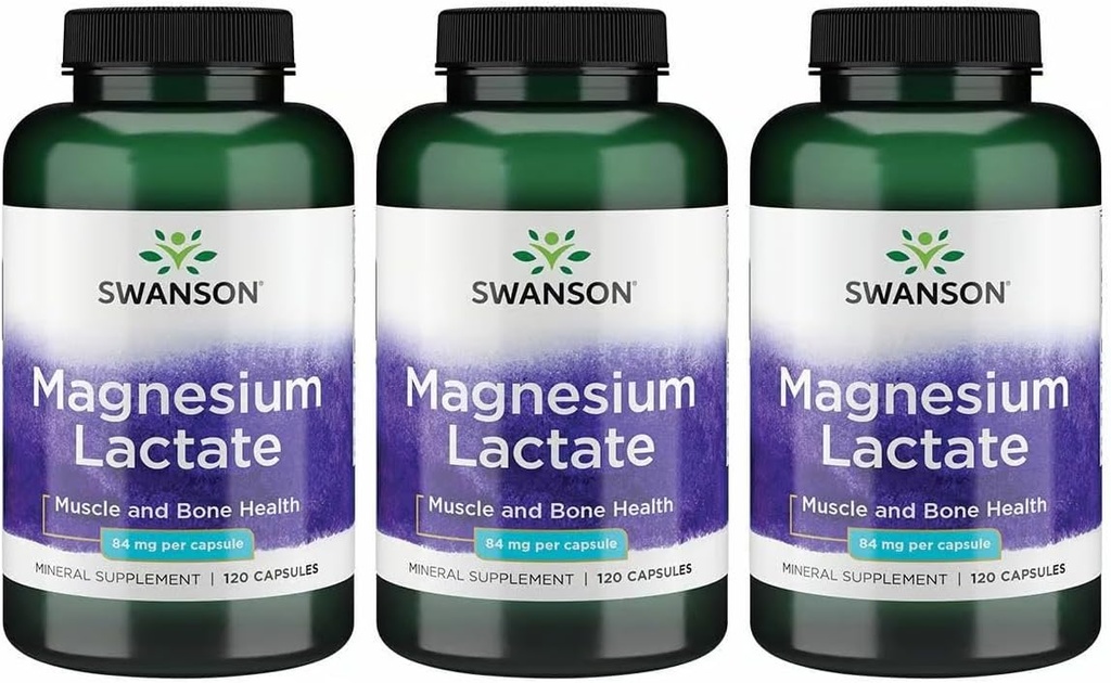 Swanson Magnesium Lactate - Mineral Supplement Promoting Muscle and Bone Health Support - Lactose-Free Lactate Mineral Form for Gentle Absorption - (120 Capsules, 84mg Each) 3 Pack
