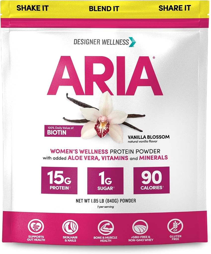 Σχεδιαστής Wellness, Aria, Wellness γυναικών χαμηλής περιεκτικότητας σε θερμίδες Vanilla Protein Powder με βιοτίνη, βιταμίνη C και οργανική αλόη, Vanilla Blossom, 1,85 Λίρες