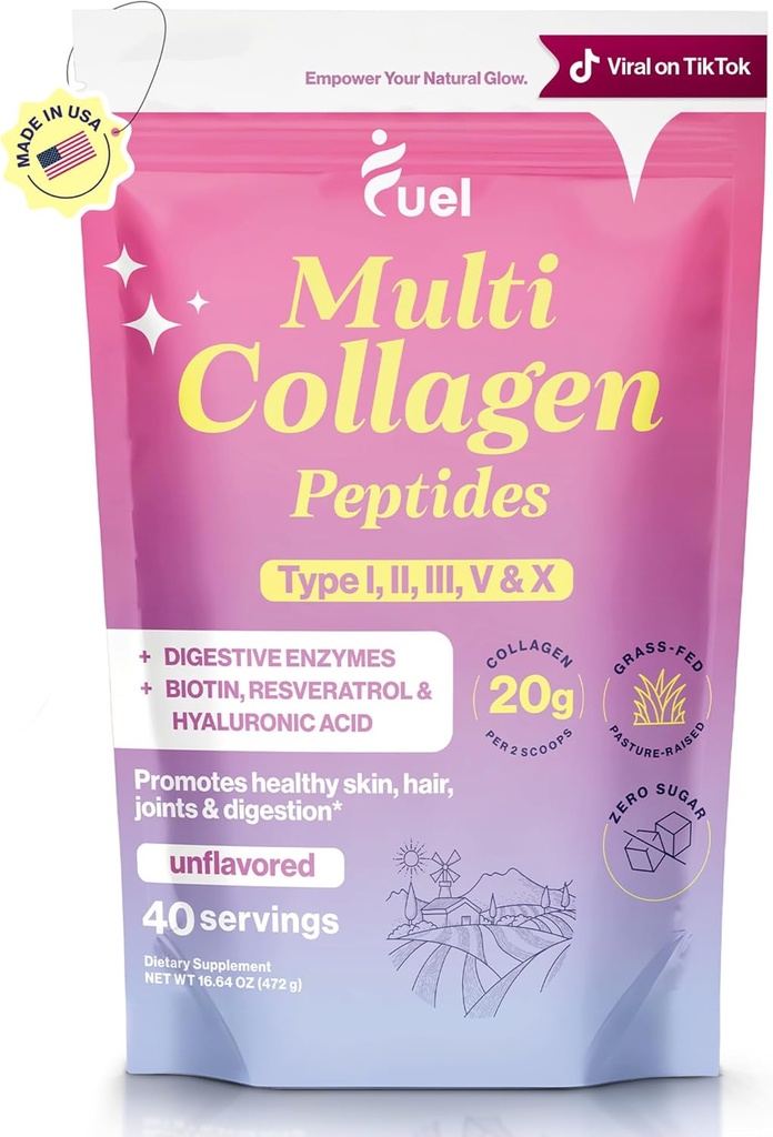 Fuel Multi Collagen Peptides Powder – 20g Hydrolyzed Collagen I, II, III, V & X for Hair, Skin, Nails & Joint Support – Better Absorption – Keto & Gluten Free, Unflavored 9.31oz