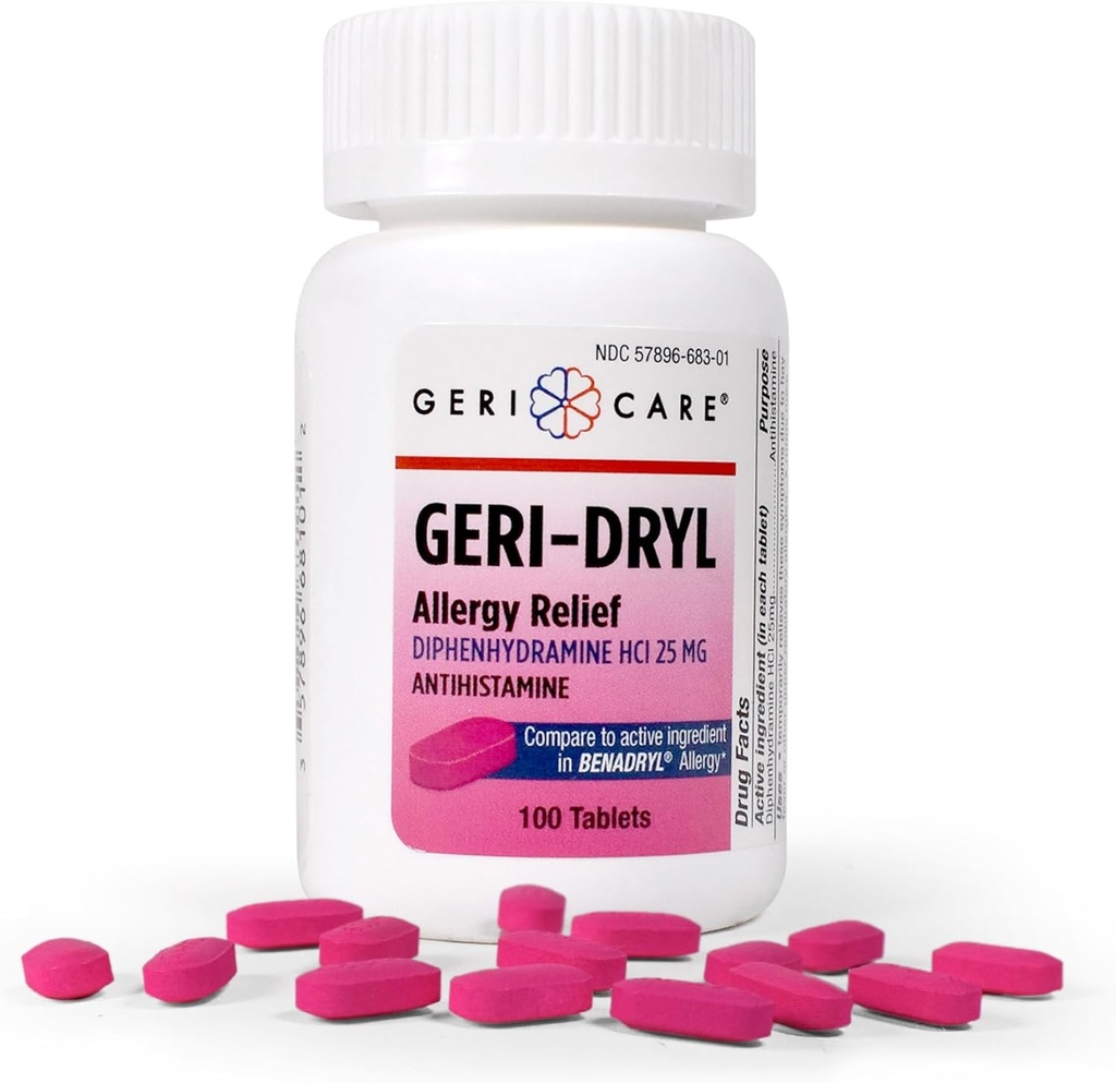 Back-Dril Alerjiler Yardım Tabletleri (100 Kont) GeriCare| Diphenhydramine HCI 25mg Antihistamin Tabletleri Sneezing, Runny Nose, Itchy Throats & Eyes| Anti-Aller Medicine for Yetişkinler & Kids