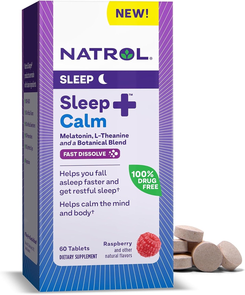Natrol Uyku + Calm Melatonin 6mg ile L-Theanine 50 mg ve bir Botanik Öpücüsü, Restful Sleep ve Calm Mind and Body, 60 Raspberry-Flavored Fast Dissolve Tabletleri, 60 Day Supply
