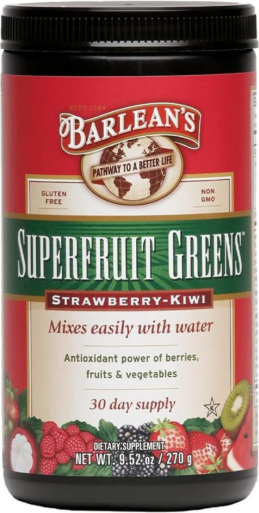 Barlean'ın Süper Yeşilleri Antioksit Güçleri, Meyveler ve Sebzeler – Strawberry Kiwi Flavor - Vegan, Non-GMO, Gluten-Free - 9.52 ozz