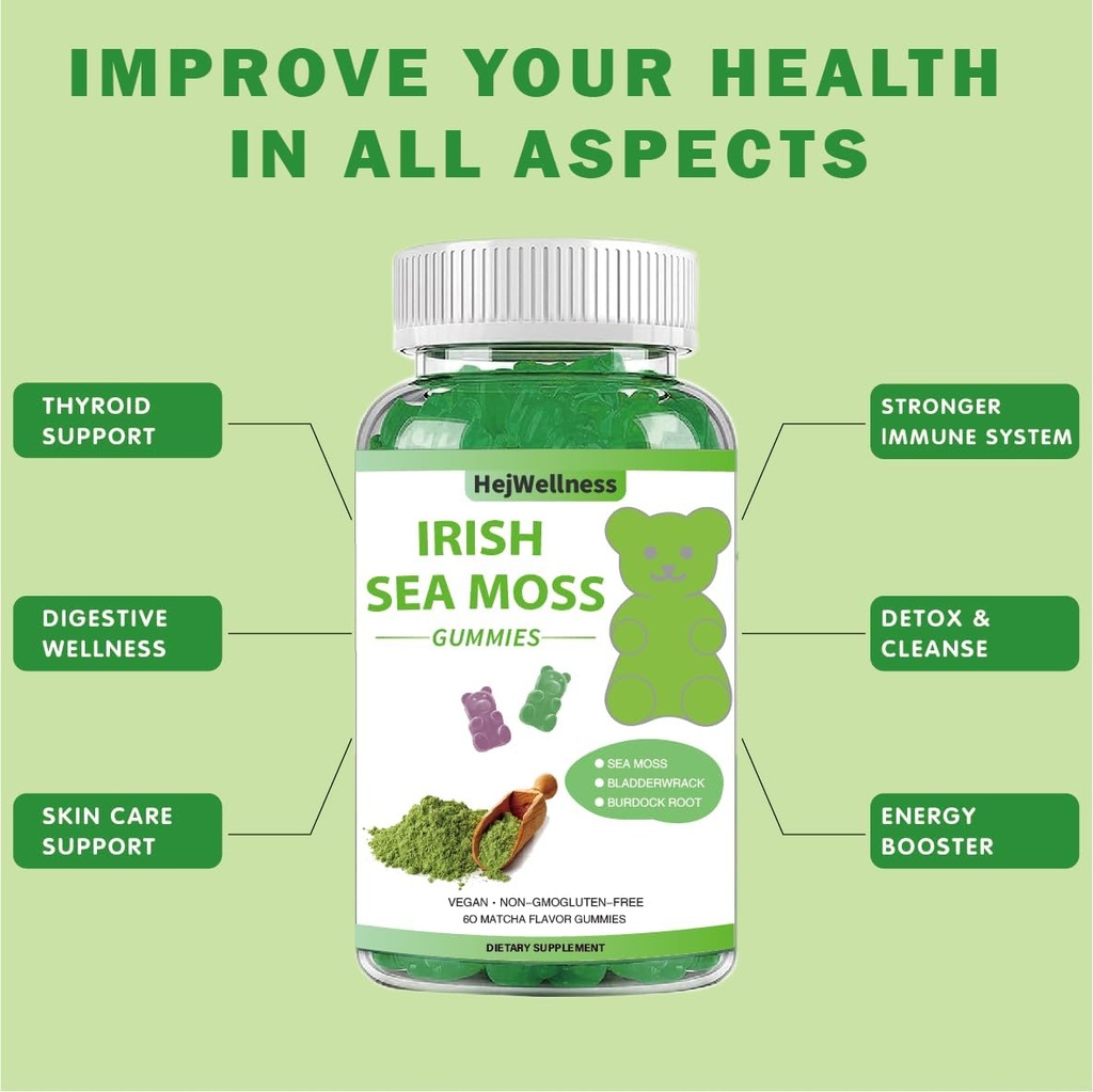 Θαλασσινά Μος Gummies με Βιταμίνη για Vegan & Adult 1800mg Sea Moss + 1100mg Bladderwrack + 300mg Burdock, Ανοσοποιητικό & Detox Υποστήριξη για Ενήλικες και Παιδιά - 60 PCS