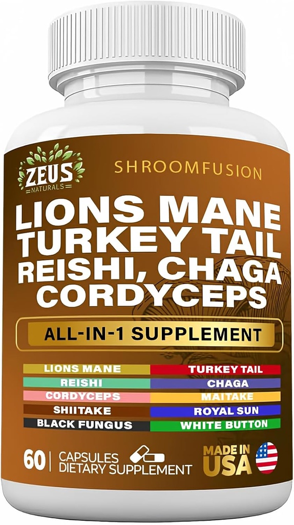 Lions Mane 300 mg Türkiye Tail 2000 mg Cordyceps Chaga 1000 mg Reishi 1000 mg Maitake Meshima Poria Cocos Shiitake Oyster Porcini Enoki Mushroom Supplement (60Ct)