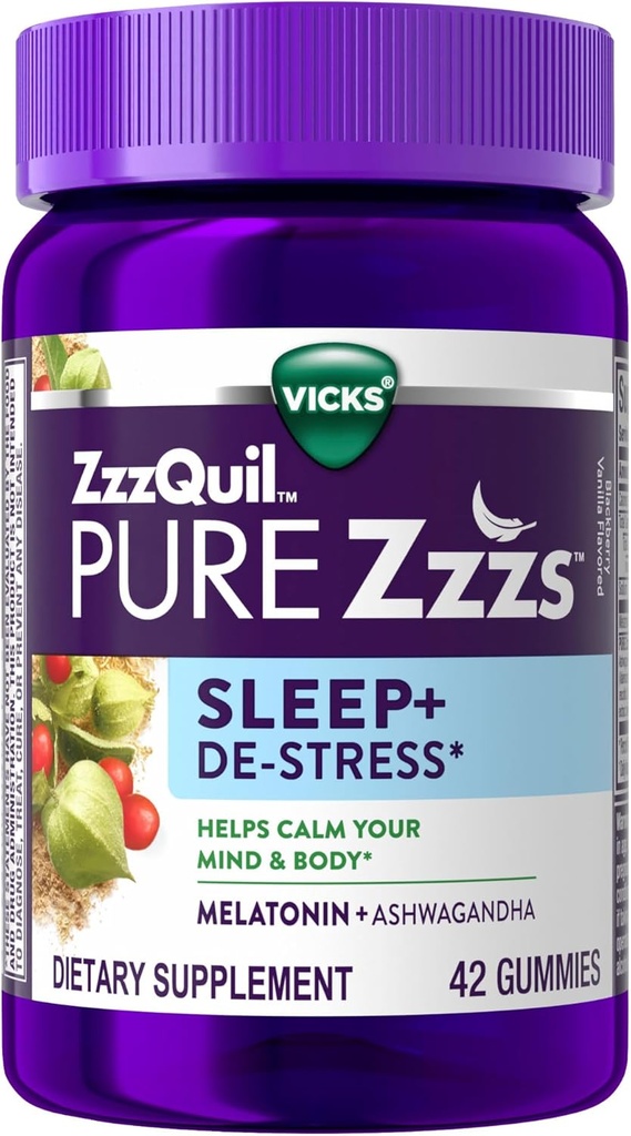 ZzzQuil PURE Zzzs De-Stress Melatonin Sleep Aid Gummies, Mind and Body, Ashwagandha for Stress Support, Sleep Aids for Yetişkinler, 1 mg per gummy, 42 Count