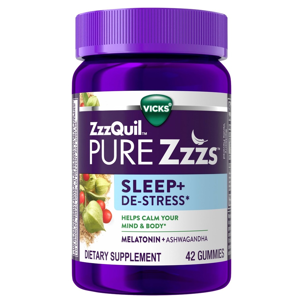 ZzzQuil PURE Zzzs De-Stress Melatonin Sleep Aid Gummies, Mind and Body, Ashwagandha for Stress Support, Sleep Aids for Yetişkinler, 1 mg per gummy, 42 Count