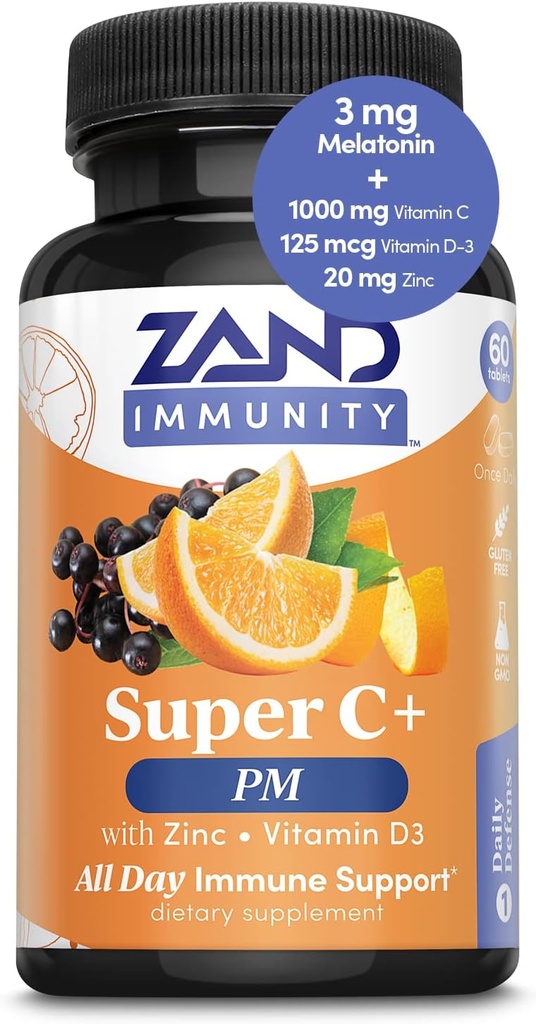 Zand Immunity Super C+ PM, Nighttime Immune Support Plus Melatonin, 1000 mg Pure Way-C Vitamin C, çinko, D3 & Elderberry, Geliştirilmiş Abpsiyon - 60 Tabletler, 30 Hizmetler