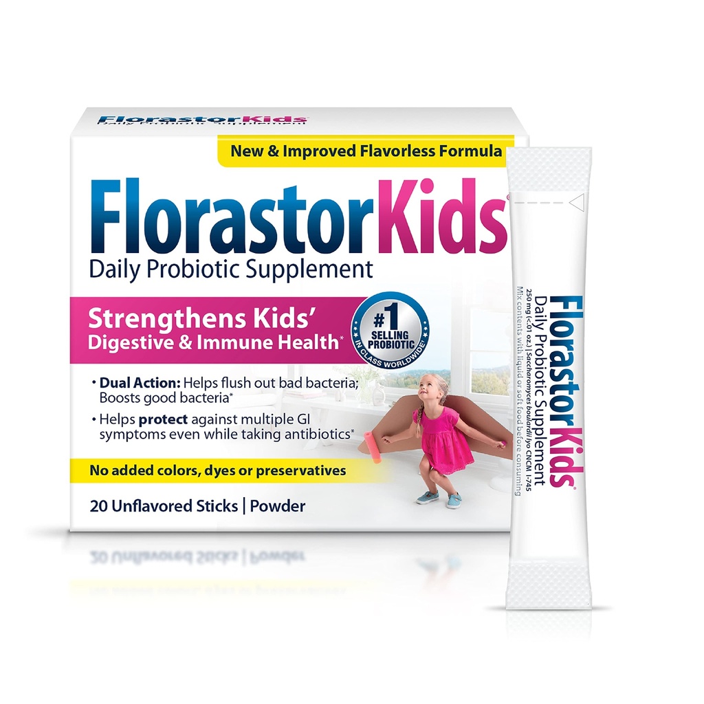 Florastor Kids Daily Probiotic Supplement, Άγευστη σκόνη αναμειγνύεται με τρόφιμα ή ποτά, Χρήση με αντιβιοτικά, Saccharomyces Boulardii CNCM I-745 (20 φακελάκια), Συσκευασία των 2