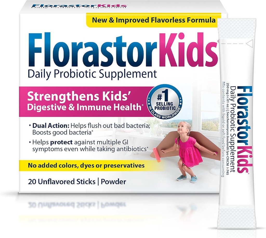 Florastor Kids Daily Probiotic Supplement, Unflavored Powder Mixes with Food or Beverage, Use with Antibiotics, Saccharomyces Boulardii CNCM I-745 (20 Sachets), Pack of 2