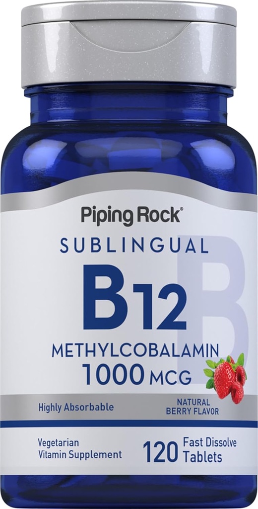 Piping Rock Vitamin B12 1000 mcg Sublingual | 120 Tabletler | Metilcobalamin | Berry Flavor | Vegetarian, Non-GMO, Gluten Free Supplement Supplement