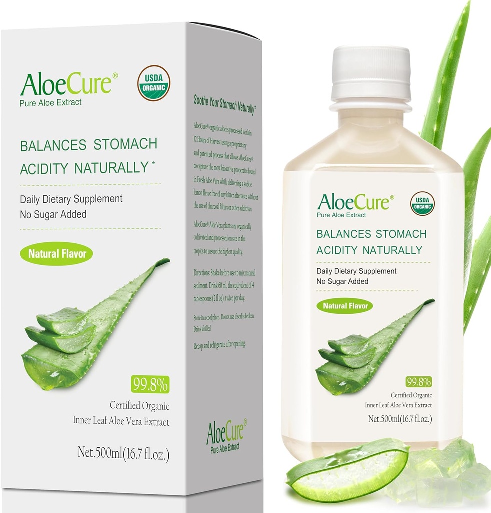 AloeCure USDA Organic Aloe Vera Juice Made Within 12 Hrs of Harvest - Pure Aloe Juice Natural Digestive Supplement to Support Digestion, Immune System and balanced Stomach Acidity, 500ml Μπουκάλι