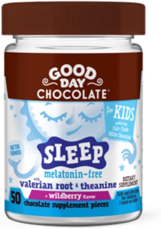 Good Day Chocolate Natural Valerian Root for Kids, Herbal Sleep Supplement, Organik Wildberry Flavor, Fair Trade and Non-GMO Chocolate, L-Theanine, 50 Pieces