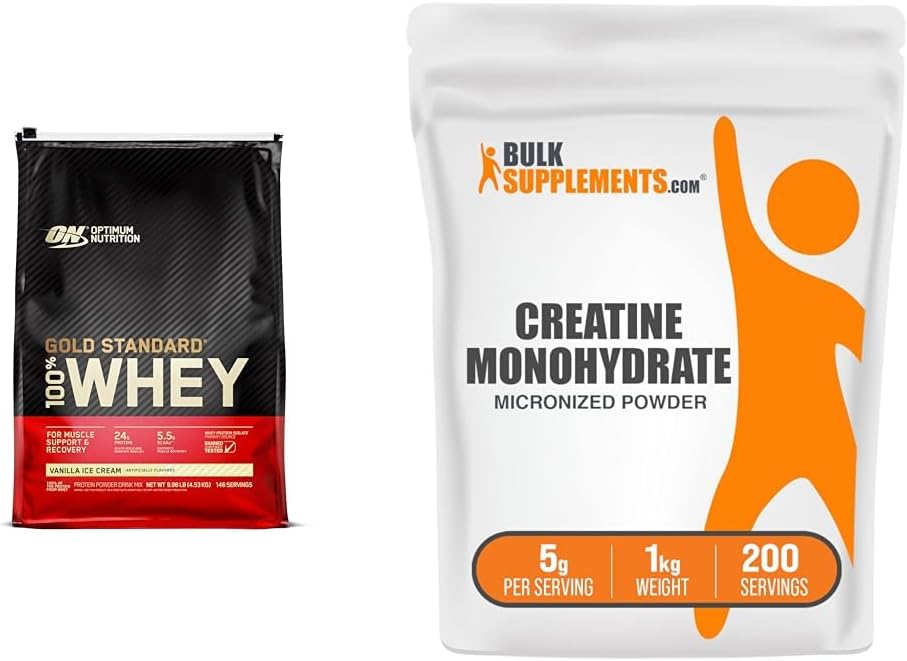 Optimum Beslenme Altın Standardı 100% Whey Protein Toz, Vanilla Buz Kremi, 10 Pound (Pazar Mayıs Vary) & BulkSupplements Micronized Kretine Monohidrat Toz (1 Kilogram)