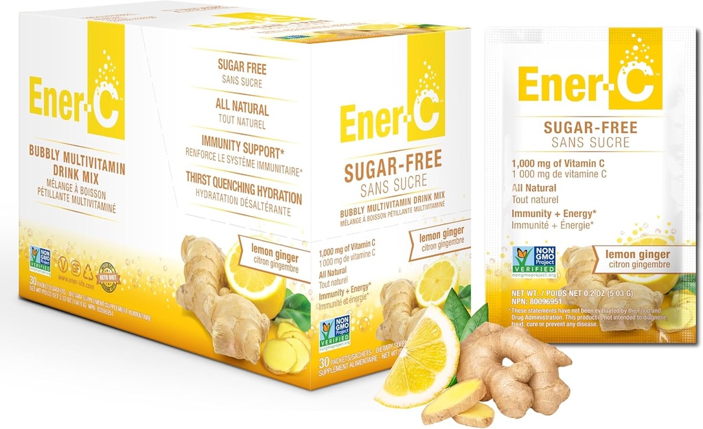 Ener-C Sugar Free Lemon Ginger Multivitamin Drink Mix, 1000 mg C, Non-GMO, Vegan, Real Fruit Juices, Natural Immunity Support, Electrolytes, Gluten Free, 1-Pack of 30