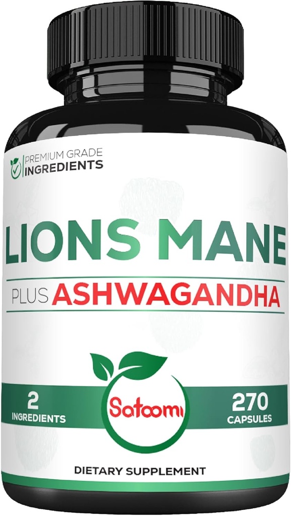 Satoomi Lions Mane Συμπληρώματα κάψουλες με Ashwagandha συμπλήρωμα - 270 κάψουλες - Υψηλή συμπυκνωμένη για ξεκούραστη διάνοια, εγκεφαλική υγεία, ανοσοποιητικό σύστημα & υποστήριξη εστίασης - χωρίς γλουτένη, μη ΓΤΟ