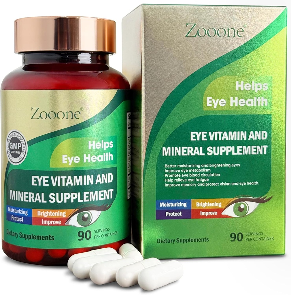 Zeoone Lutein και Zeaxanthin Οφθαλμικές Βιταμίνες, Βιταμίνη ματιών και Συμπλήρωμα Ορυκτού με Βιταμίνη C E Χαλκός ψευδάργυρου, Υποστήριξη Οράματος για Εκφύλιση της ωχράς κηλίδας, Χάπια για την υγεία των ματιών για ενήλικες & ηλικιωμένους, 90 Κάψουλες