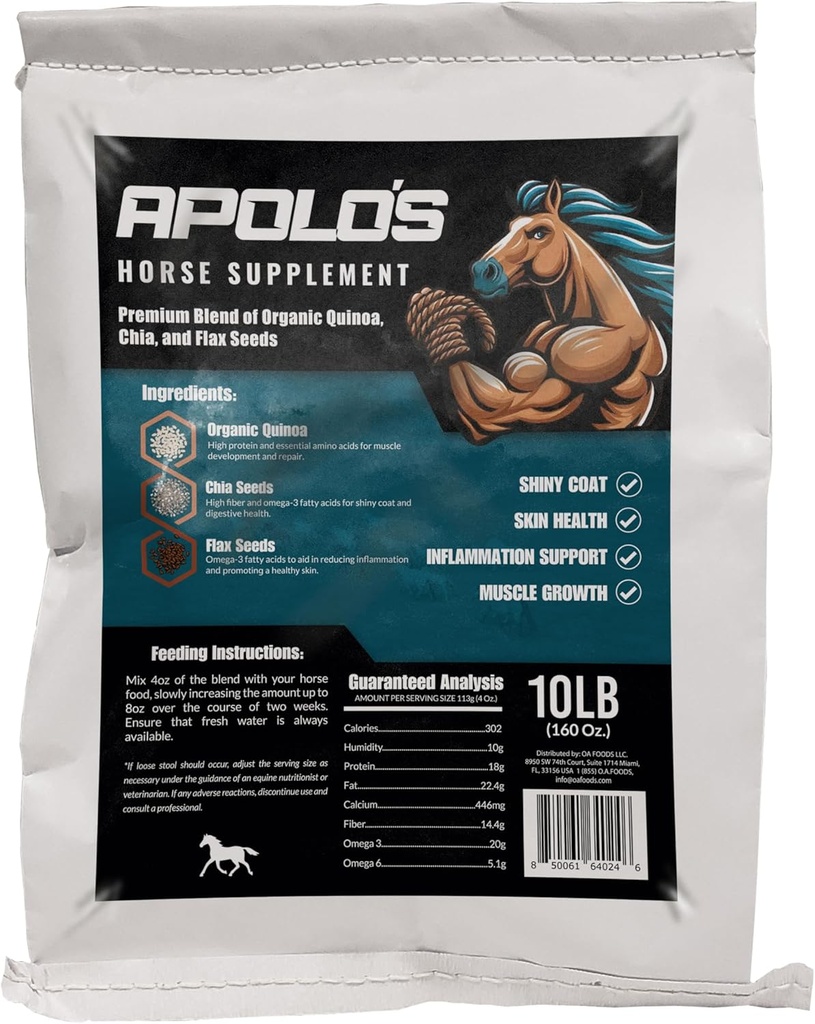 Greenfit APOLO'S 100% Natural Horse Supplement for Daily Feeding – Ortak Destek, Coat Shine & Strength | Flaxseed, Quinoa, Chia | 10 LB Bag