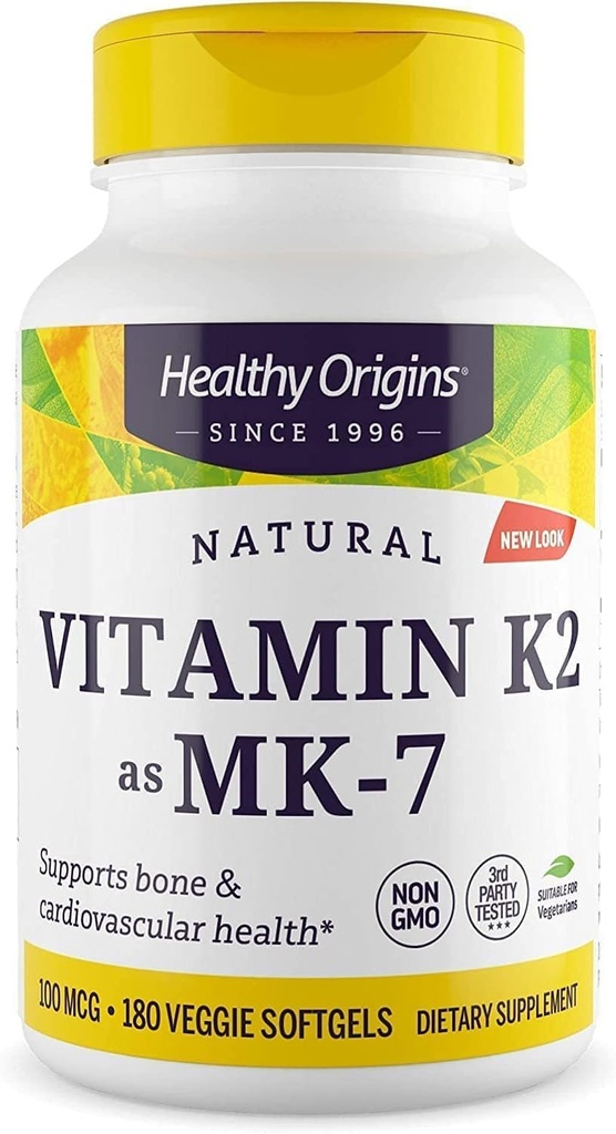 Sağlıklı Origins Vitamin K2 100 mcg (MK-7, Non-GMO, Gluten Free, Cardiovascaular Desteği, Bone Support), 180 Veggie Gels