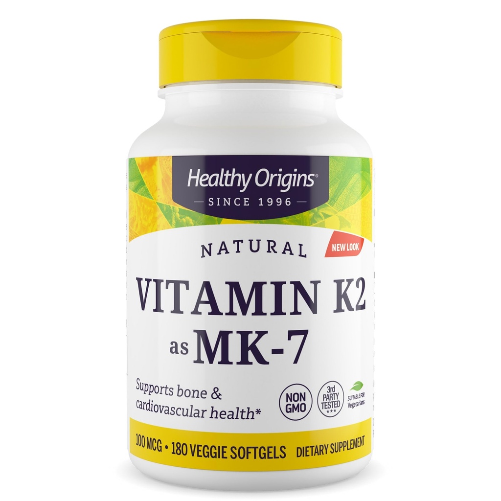 Sağlıklı Origins Vitamin K2 100 mcg (MK-7, Non-GMO, Gluten Free, Cardiovascaular Desteği, Bone Support), 180 Veggie Gels