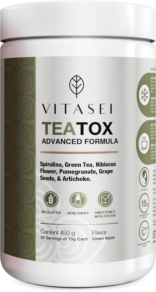 Vitasei Teatox Detox & Cleanse Support Toz, Digestion ATM W/Green Tea, Spirulina, Artichoke, Jamaikalı Çiçek & Grape Tohumları, Destek Tamam & Meal Makyaj Toz, Yeşil Apple Flavor 16oz