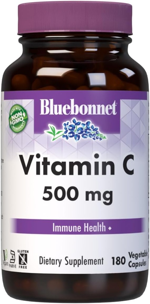 Bluebonnet Beslenme Vitamini C 500 mg Sebze Kapsülleri, Ascorbici, Immune Health & Skin Health, Vegan, Vegetarian, Non GMO, Gluten Free, Soy Free, Milk Free, Kosher, 180 Sebze Capsules